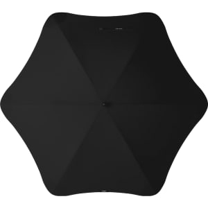 A black sport umbrella with a unique octagonal design and a central closure mechanism. It features a logo.