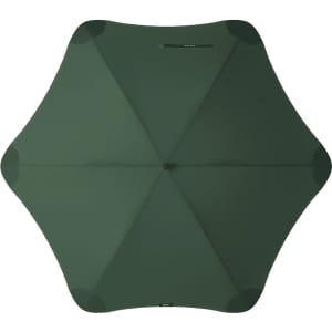 A green BLUNT Sport Umbrella with a unique octagonal shape and a central hub is displayed from above.