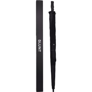 A black sport umbrella and its storage box, featuring a logo and a sleek design.