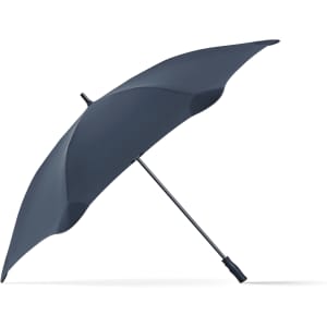 A navy sport umbrella with a sleek design and a black handle, featuring a branding logo.