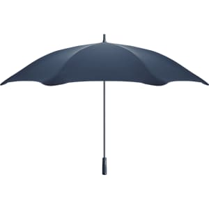 A navy blue sport umbrella with a curved shape and a handle, featuring a simple logo.