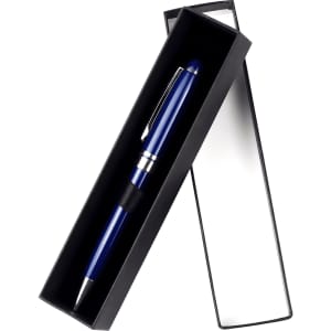 A black single pen box containing a blue pen with a silver accent, featuring a logo on the interior.