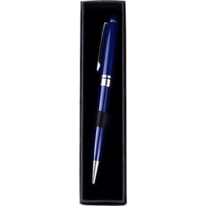 A blue pen placed inside a black single pen box, featuring a sleek design and a silver accent.