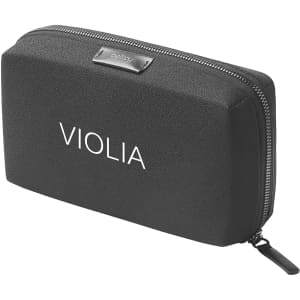 A black tech kit with a textured surface, featuring a zip closure and a branding logo, in a rectangular shape.