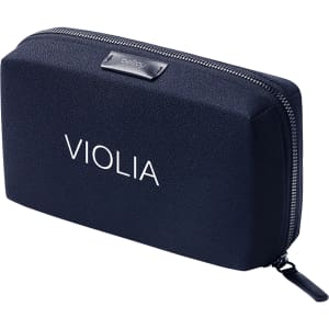 A navy blue tech kit with a zip closure and a logo, featuring a smooth, textured exterior.