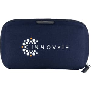 A navy blue tech kit bag featuring a logo and a zip closure, designed for carrying various tech accessories.