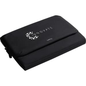 A black laptop caddy with a zip closure and a logo on the front, designed for storing laptops and accessories.