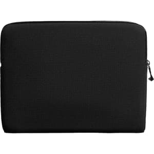 A black laptop caddy with a textured surface and a zip closure. It features a branding logo.