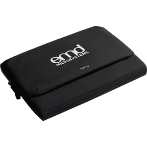 A black laptop caddy with a smooth surface and a logo, designed for carrying laptops securely.