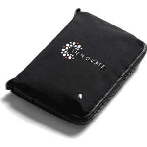 A black toiletry bag with a zip closure and a logo on the front. Compact and sleek design for accessories.
