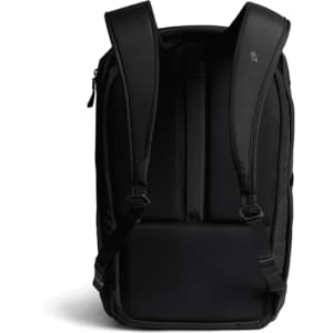 A black backpack with padded straps and a sleek design, featuring a logo on the back. Ideal for work and travel.