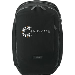 A black backpack with a logo on the front, featuring a sleek design and multiple compartments.