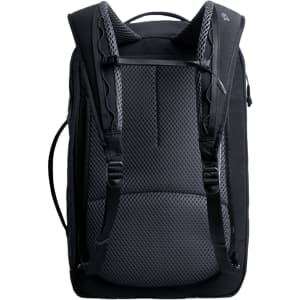 A black backpack featuring a mesh back panel and padded shoulder straps. It includes a logo on the front.
