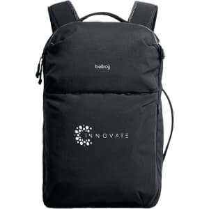 A black backpack with adjustable straps and a logo on the front. Features a sleek, modern design.
