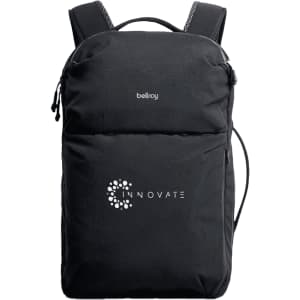 A black backpack with a logo, featuring adjustable straps and a sleek, modern design.