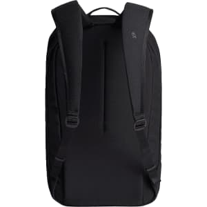 A black 20L backpack with padded shoulder straps and a sleek design, featuring a logo on the back.
