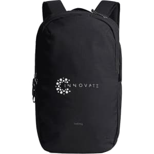 A black backpack featuring a logo on the front, designed for everyday use with adjustable straps.