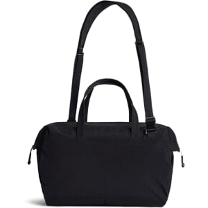 A black duffel bag with dual top handles and a detachable shoulder strap, featuring a logo.