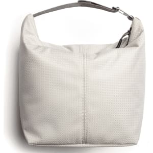 A light grey cooler bag with a handle, featuring a simple design and a logo on the side.