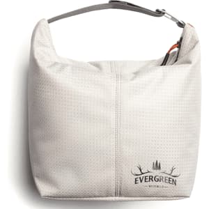 A light grey cooler bag with a logo, featuring a zip closure and a handle for easy carrying.
