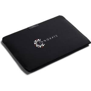 A black laptop sleeve featuring a logo on the front, designed for a 16-inch laptop.