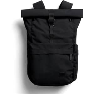 A black rolltop backpack featuring adjustable straps and multiple pockets, including a front zippered pocket.