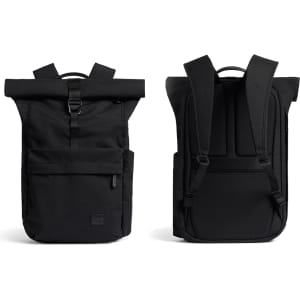 A black roll-top backpack with adjustable straps and multiple pockets. It features branding on the exterior.