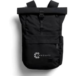 A black rolltop backpack featuring adjustable straps and a front pocket. It has a logo on the front.