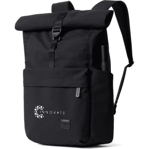 A black rolltop backpack featuring a front pocket and a logo, with adjustable straps and a drink bottle holder.