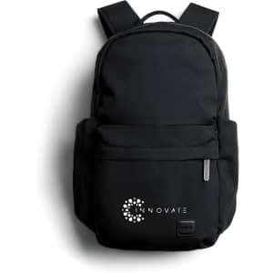 A black backpack with a logo on the front, featuring adjustable shoulder straps and a zippered pocket.