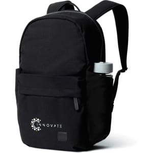 A black backpack with a front pocket and a drink bottle holder, featuring a logo on the side.