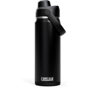 A drink bottle in sleek matte black with a carry handle and a spout lid, featuring a logo.