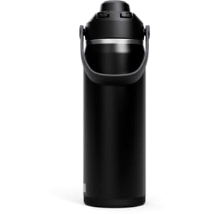 A drink bottle in black with a silver band and a handle, featuring a secure lid and a logo.