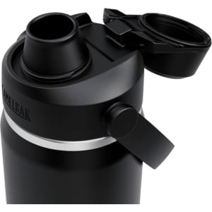 A drink bottle with a black body and a silver band, featuring a screw-top lid and a flip-open spout.