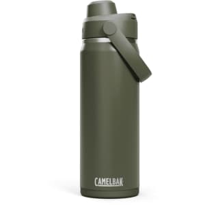 A drink bottle in olive green with a secure lid and a carry handle. It features a logo on the body.