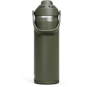 A drink bottle in an olive green colour with a silver cap and a handle, featuring a logo.