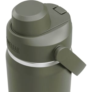 A drink bottle in an olive green colour with a silver band and a lid featuring a thumb lever and branding.