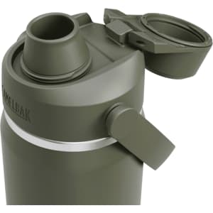 A drink bottle in olive green with a spout and removable cap, featuring a logo on the side.