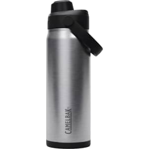 A drink bottle in stainless steel with a black lid and a carry handle, featuring a logo.