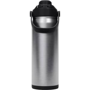 A drink bottle in stainless steel with a black lid and handle, featuring a streamlined design and a logo.