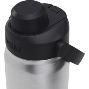 A drink bottle in silver stainless steel with a black lid, featuring a logo and a side handle.