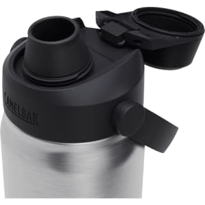 A drink bottle with a stainless steel body and black lid, featuring a spout and a secure cap.