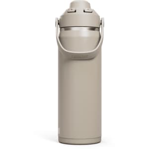 A drink bottle in a light beige colour with a handle and a screw-on lid, featuring a branding logo.