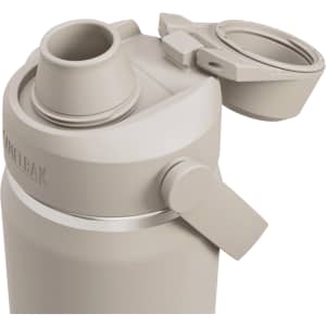 A drink bottle in a light beige colour with a flip-top lid and a built-in straw, featuring a logo.