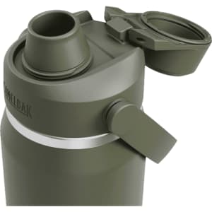 A drink bottle in olive green with a wide mouth and a flip-top lid, featuring a logo.