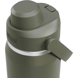 A drink bottle in olive green with a screw-top lid and a handle, featuring a logo on the side.