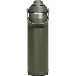 A drink bottle in olive green with a lid and a handle, featuring a logo on the side.