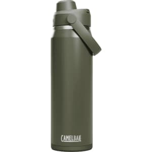 A drink bottle in an olive green shade with a flip-top lid and a logo.