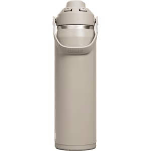 A drink bottle in a light beige colour with a handle and a silver lid, featuring a logo.