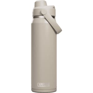 A drink bottle in a light beige colour with a carry handle and a logo. Stylish, slim design for easy use.